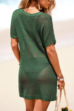 Floral-decorated V-neck Short-sleeved Crochet Cover-up Vacation Mini Dress