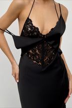 Lace Cutout Backless Satin Asymmetrical Patchwork Spaghetti Strap Maxi Dress