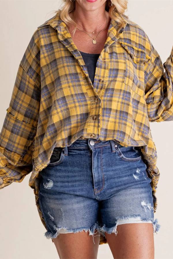 Women's Mineral Washed Button Down Plaid Flannel Shirt