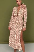 Side Slit Deep V Neck Tie Waist Floral Maxi Dress