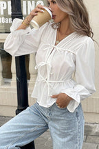 Waist-Tie Long-Sleeve Cardigan Blouse