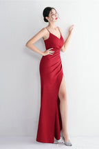 Long Satin Slit Halter Sheath Formal Dress