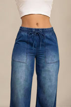 Stylish Elastic Waist Drawstring Pocket Casual Straight Wide-leg Jeans
