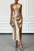 Satin One-shoulder Pleated Waist Elegant Midi Dress
