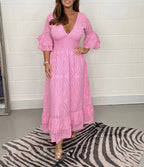 Embroidery Frill Sleeve Midi Dress