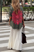 Khaki Green Denim Overshirt with Pink Crochet Mandala