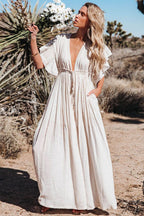 Button Front Drawstring Waist Maxi Boho Dress