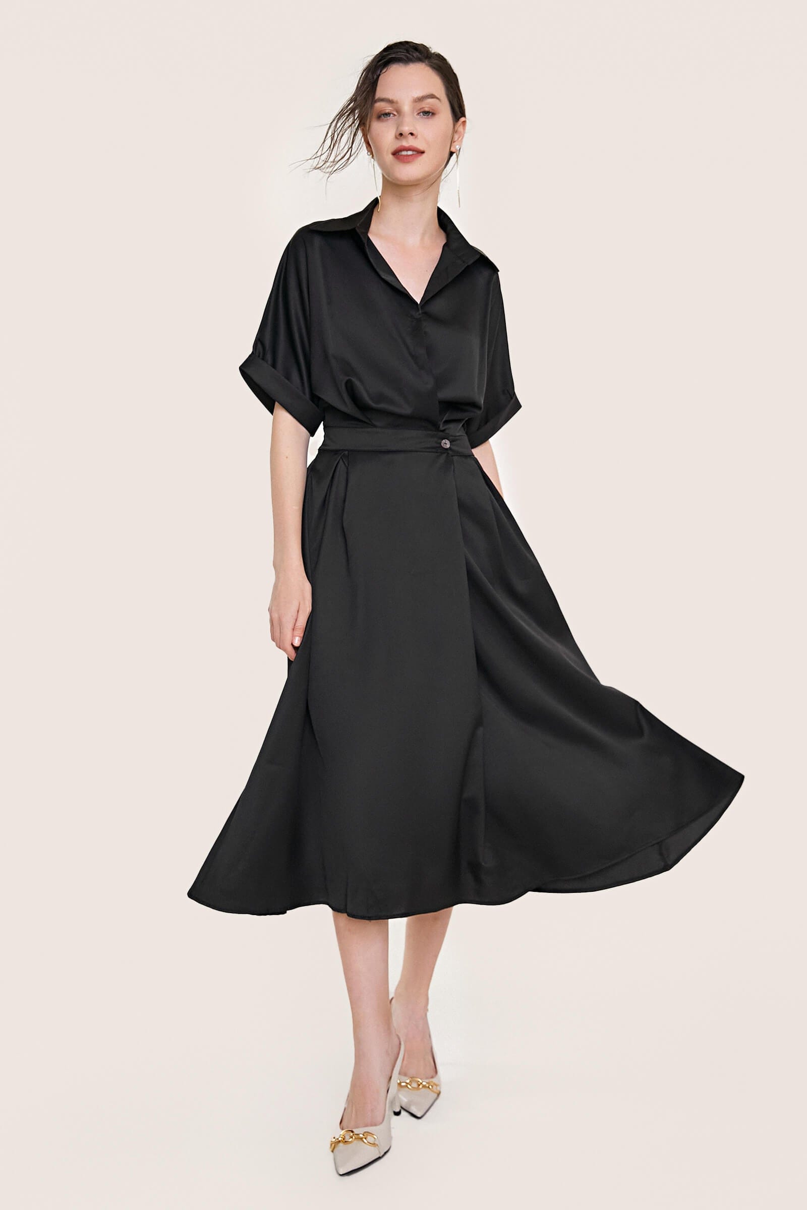 Black Short Sleeve Pleat Detail Shirt Dress