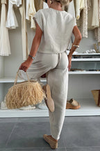 Linen Blend Solid Color V-neck Short-sleeved Top and Elastic Waist Pocket Bloomers Pants Set