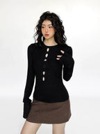 Cutout Ribbed Bell Sleeve Top