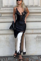 Soft and Romantic Satin Lace Trim Colorblock V-neck Side Slit Maxi Dress