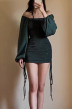 Sexy Square Neck Long Sleeve Slim Fit Pleated Tie Mini Dress