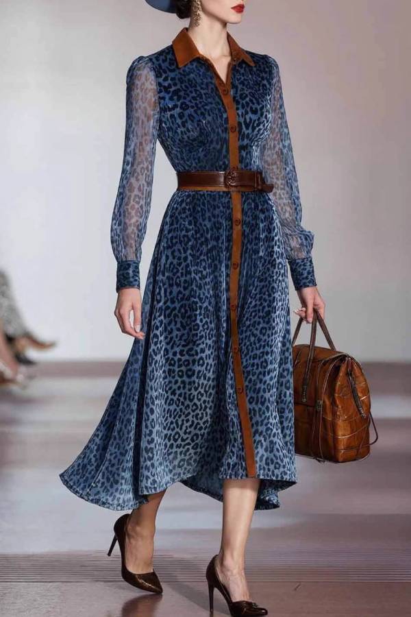 Vintage Blue Leopard Print Shirt Collar See-Through Long Sleeve Dress（No belt included）