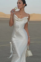 Solid Satin Floral Backless Elegant Maxi Dress