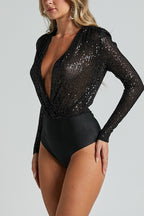 Alora Sequin Wrap Front Plunge Neck Long Sleeve Bodysuit