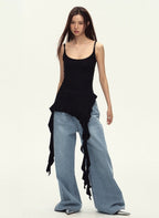 Ruched Asymmetric Black Cami Top