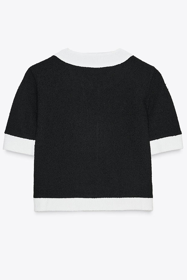 Fashionable Contrast Color Short-sleeved Button-down Top