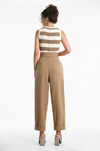 Burly Wood Hook And Loop Pleat Front Turn-Up Hem Suit Pants
