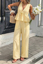 Resort Striped V-Neck Waisted Sleeveless Top & Wide-Leg Pants Set