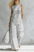 Geometric Print Loose-fitting Round Neck Sleeveless Top and Elastic Waist Casual Pocket Wide-leg Pants Set