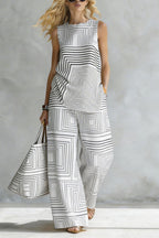 Geometric Print Loose-fitting Round Neck Sleeveless Top and Elastic Waist Casual Pocket Wide-leg Pants Set