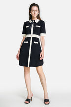 Black Contrast Trim Bow Brooch Knit Dress