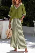 Textured Linen V-Neck Striped Wide-Leg Pants Vacation Set