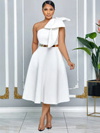 Elegant A Line Pleated One Shoulder Bow Red Party Dress