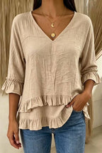 V-Neck Ruffle Hem Elbow Sleeve Blouse