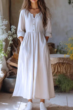 Linen Blend Crew Neck Long Sleeve Casual Pocket Holiday Maxi Dress