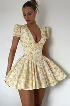 Floral V Neck Ruched Mini Dress