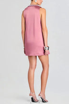 Elegant Demeanor Satin Gemstone Trim Deep V-Neck Tank H-line Mini Dress