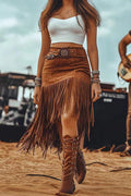 Retro High-waisted Casual Tassel Suede Midi Skirt