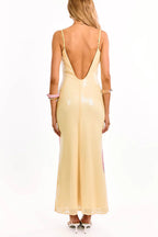 Floral Print Fashion Sequined Spaghetti Strap Backless Slim Fit Vacation Maxi Dress