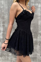 Sexy Solid V Neck Ruffled Lace Dress