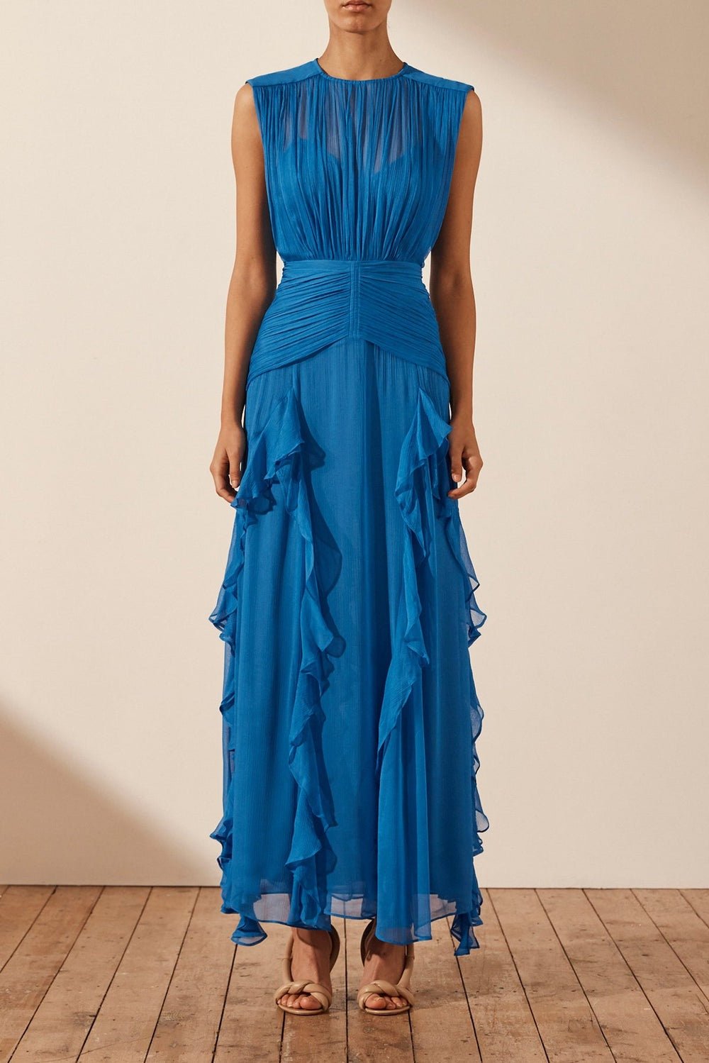 Reina Exclusive Pleated Round Neck Maxi Dress with Ruffles Designer Edit