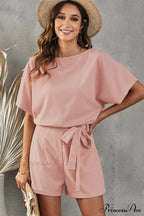 Elaine Tie Belt Charming Short Sleeve Romper