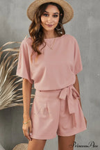Elaine Tie Belt Charming Short Sleeve Romper