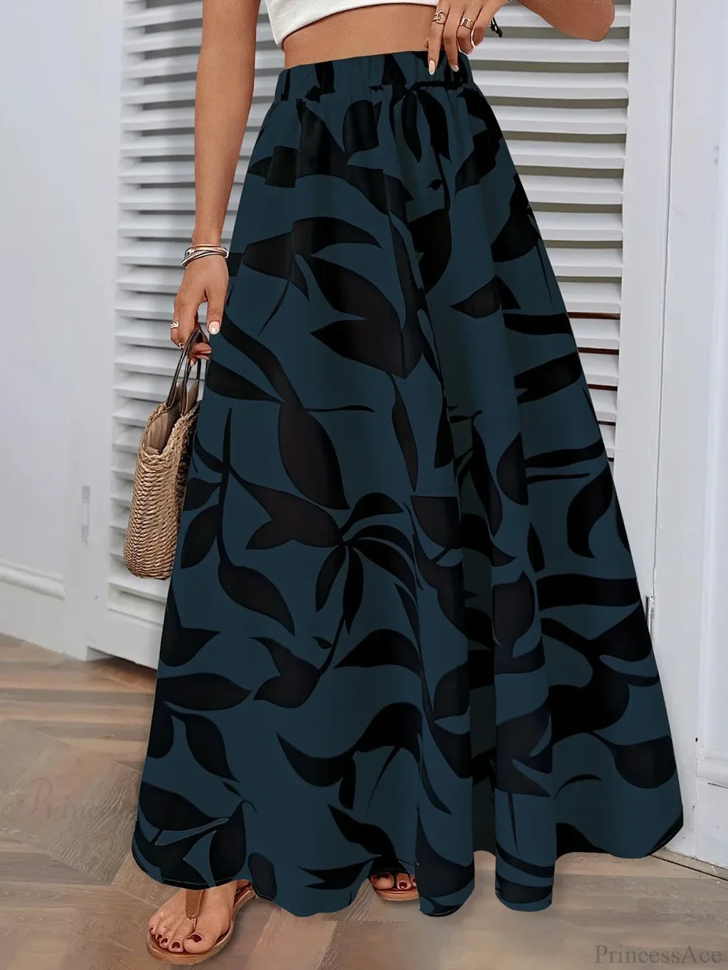 Elastic Waist Flowers Printed Women's A-line Skirt Summer Elegant
