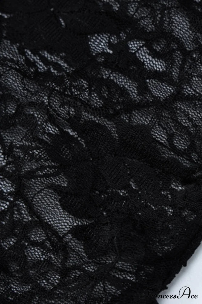 Elegant Black Lace Floral Ribbon Strapless Dress with Slit