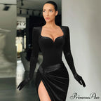 Elegant Evening Gloves Sleeve Velvet Slit Maxi Dress