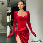 Elegant Evening Gloves Sleeve Velvet Slit Maxi Dress