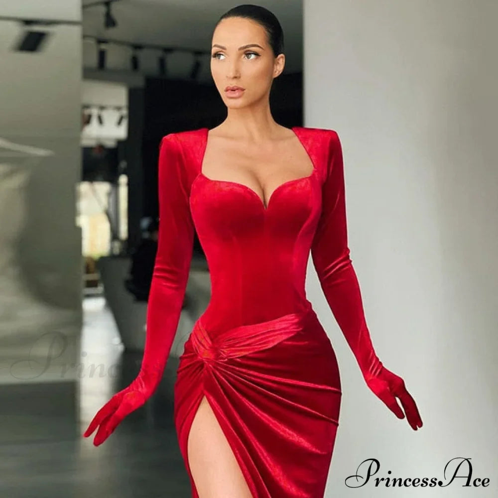 Elegant Evening Gloves Sleeve Velvet Slit Maxi Dress