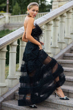 Elegant Feather Strapless Sequin Tiered Ruffle Tulle Evening Maxi Dress - Black
