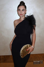 Elegant Feather Trim One Shoulder Back Split Gown Formal Maxi Dress - Black