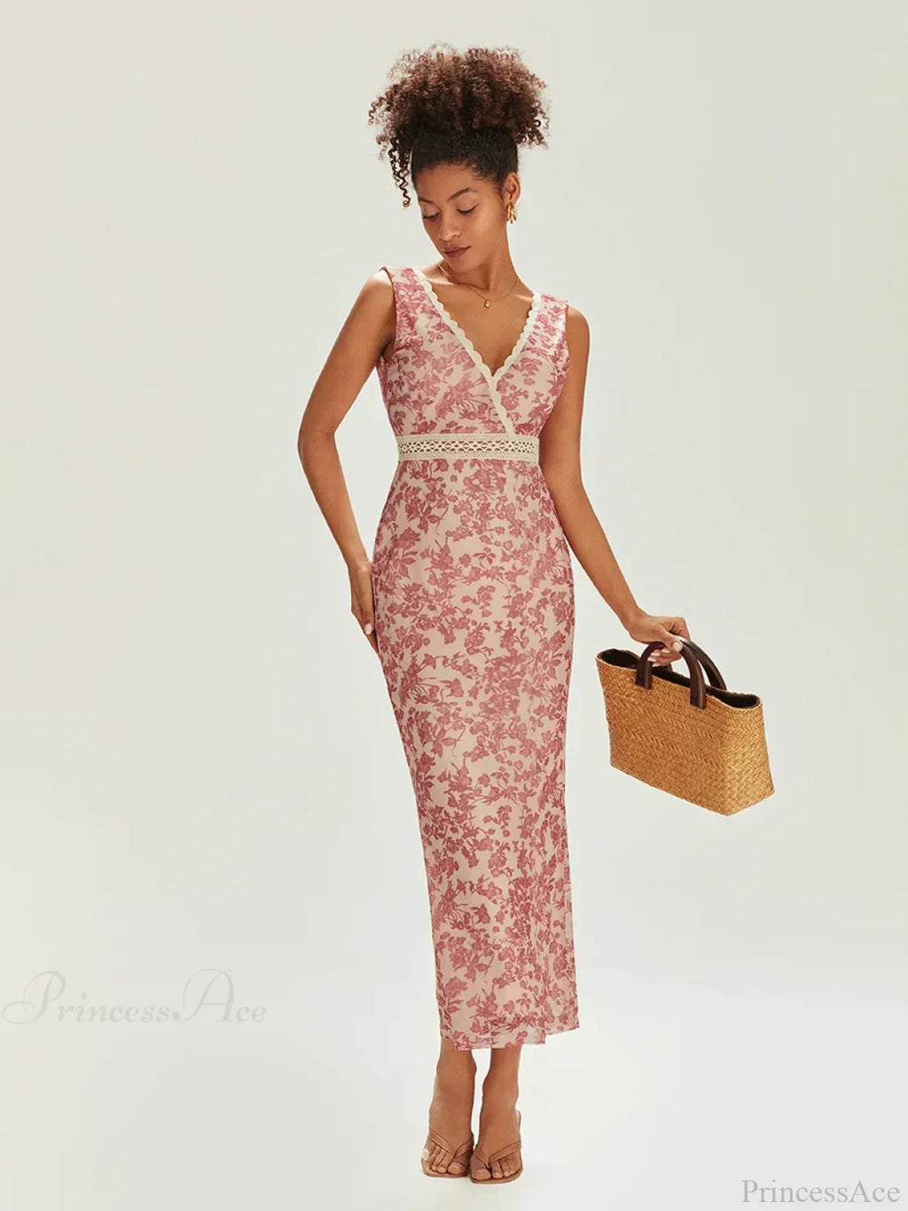 Elegant Floral Fishtail Lace Trim Wrap V-neck Bodycon Floral Dress