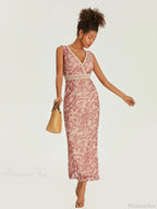 Elegant Floral Fishtail Lace Trim Wrap V-neck Bodycon Floral Dress