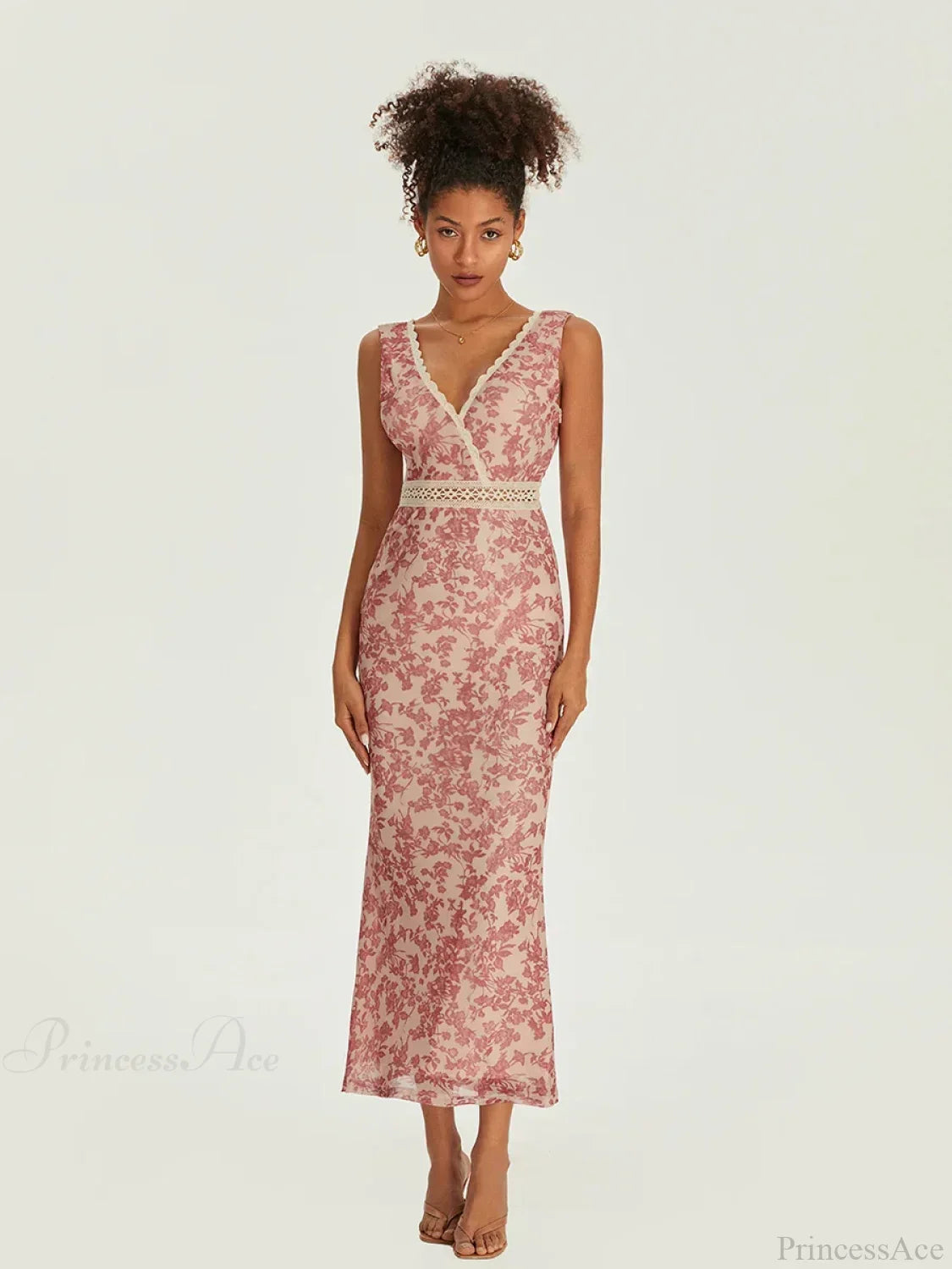 Elegant Floral Fishtail Lace Trim Wrap V-neck Bodycon Floral Dress