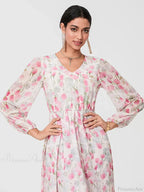 Elegant Floral Flowing Long Sleeve A-Line Floral Dress