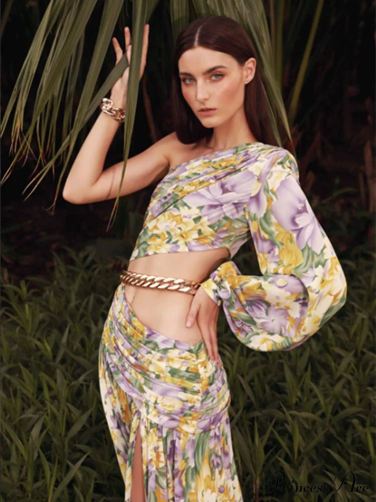 Elegant Floral Irregular Cut Out Long Sleeve Dress